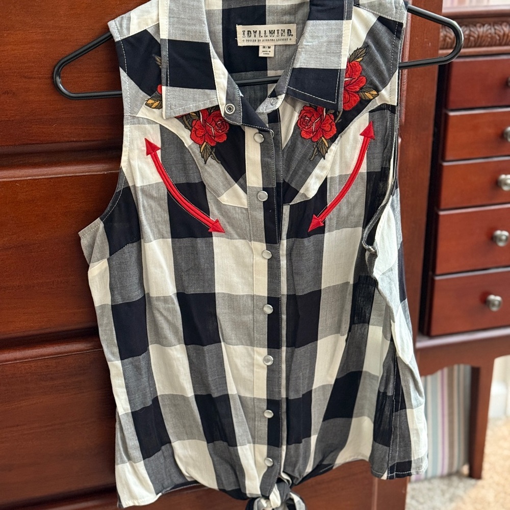 Idyllwind Black and White Plaid Blouse with Red Embroidery